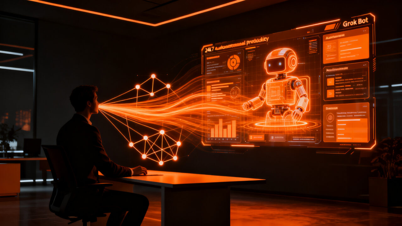 Agentes autónomos de IA Grok Bot de SpaceXAI trabajando en la automatización de productividad empresarial.