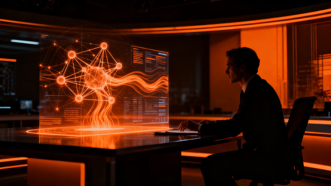 Periodista trabajando con herramientas de inteligencia artificial en una redacción moderna, representando la automatización periodística y la innovación tecnológica.