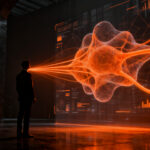 Profesional en entorno futurista analizando datos, destacando el valor de las habilidades blandas frente a la inteligencia artificial en el entorno laboral.