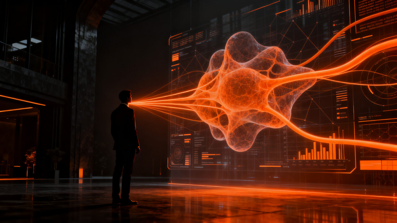 Profesional en entorno futurista analizando datos, destacando el valor de las habilidades blandas frente a la inteligencia artificial en el entorno laboral.