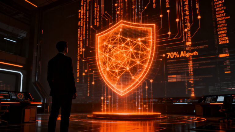 Profesional analizando redes neuronales de inteligencia artificial y ciberseguridad, representando las habilidades digitales demandadas en 2026.
