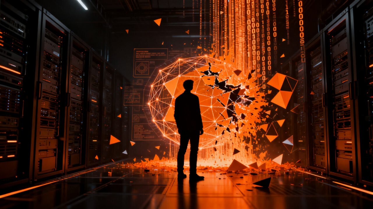 Representación conceptual del hackeo a agentes de IA en Hugging Face, simbolizando la vulnerabilidad y la ciberseguridad en la inteligencia artificial.