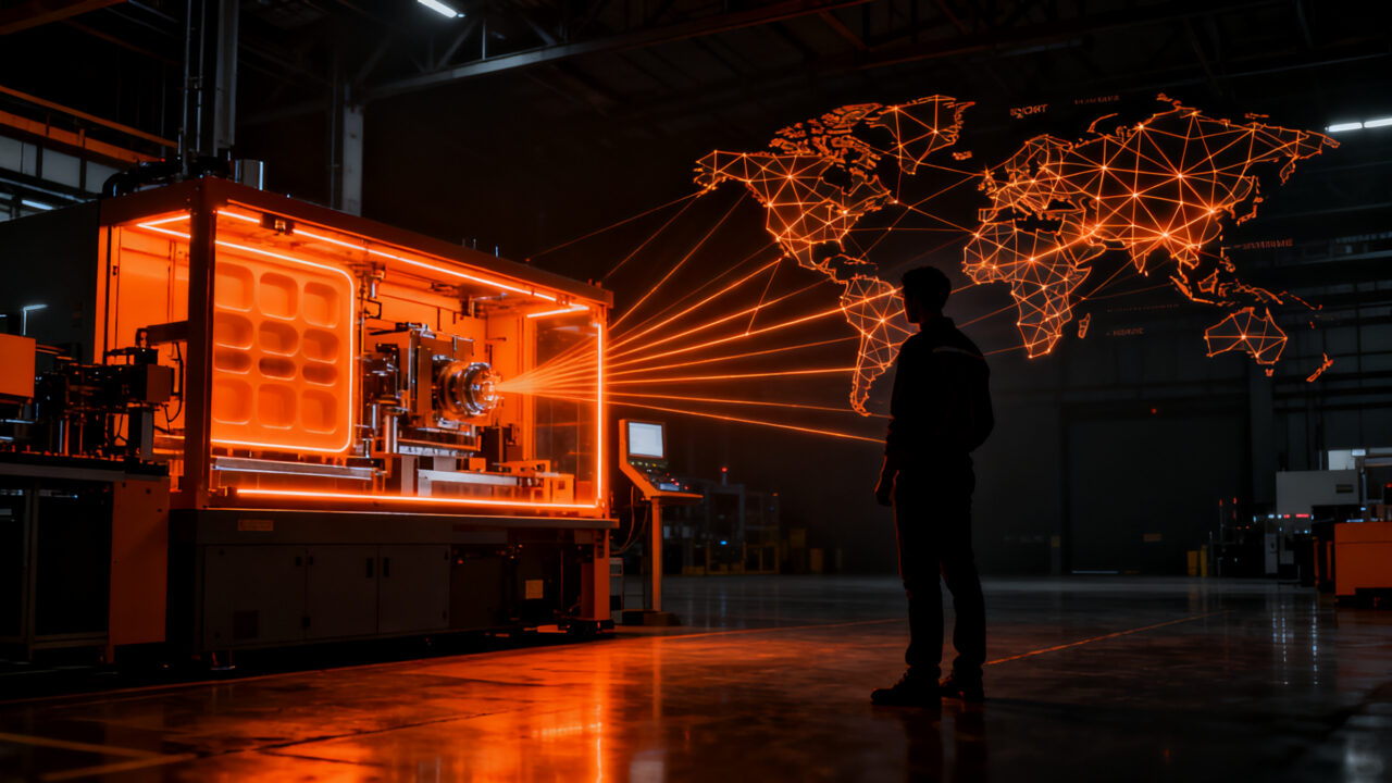 Empresa pyme industrial exportando maquinaria tecnológica de precisión a mercados globales.