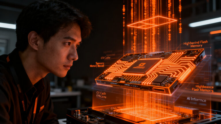 Ingeniero analizando arquitectura de memoria HBF para inferencia de IA, optimizando costos y rendimiento en startups tecnológicas.