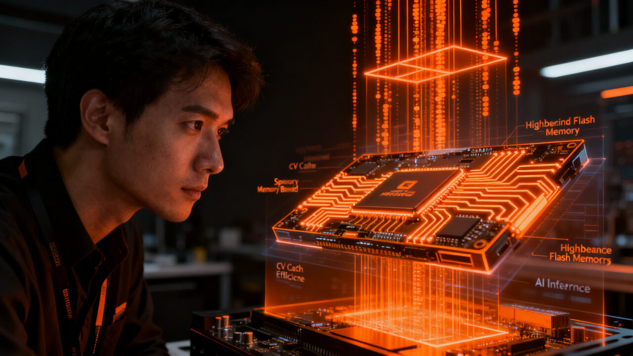 Ingeniero analizando arquitectura de memoria HBF para inferencia de IA, optimizando costos y rendimiento en startups tecnológicas.