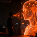 Emprendedor interactuando con un avatar de inteligencia artificial en el bootcamp HBS Foundry de Harvard.