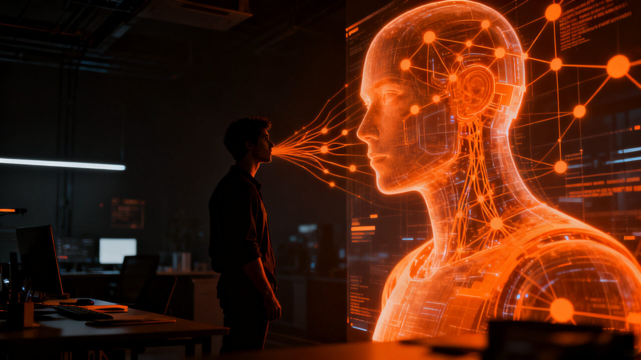 Emprendedor interactuando con un avatar de inteligencia artificial en el bootcamp HBS Foundry de Harvard.