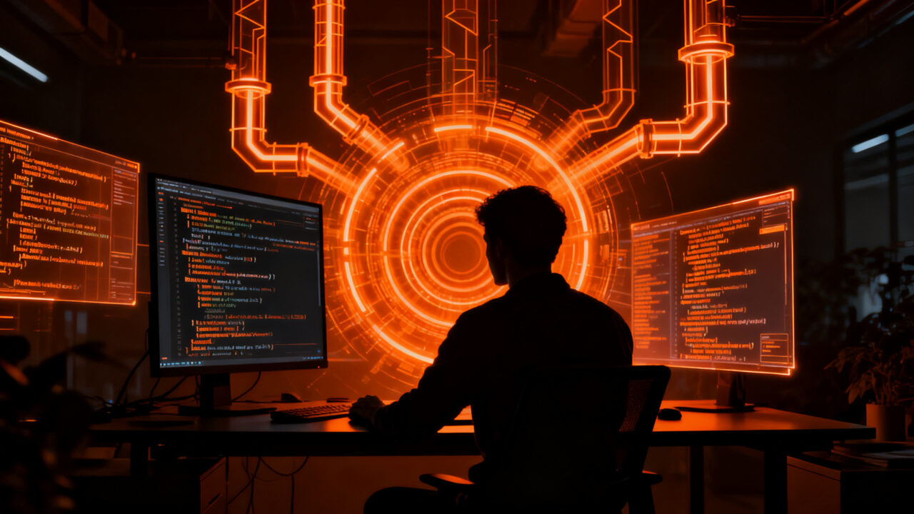 Un ingeniero interactuando con una red neuronal de agentes de IA persistentes de Headlong en un entorno de codificación técnica.