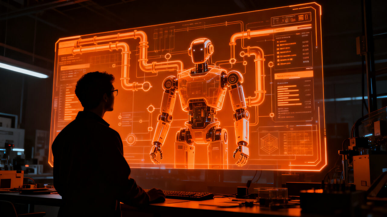 Ingeniero de robótica trabajando con HFlow, un SDK open source para estandarizar pipelines de datos en inteligencia artificial física.