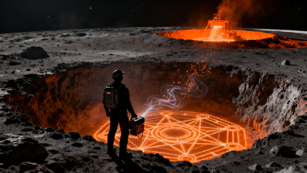Minero espacial sobre la superficie lunar extrayendo helio-3, representando el futuro de la energía de fusión y la minería lunar.