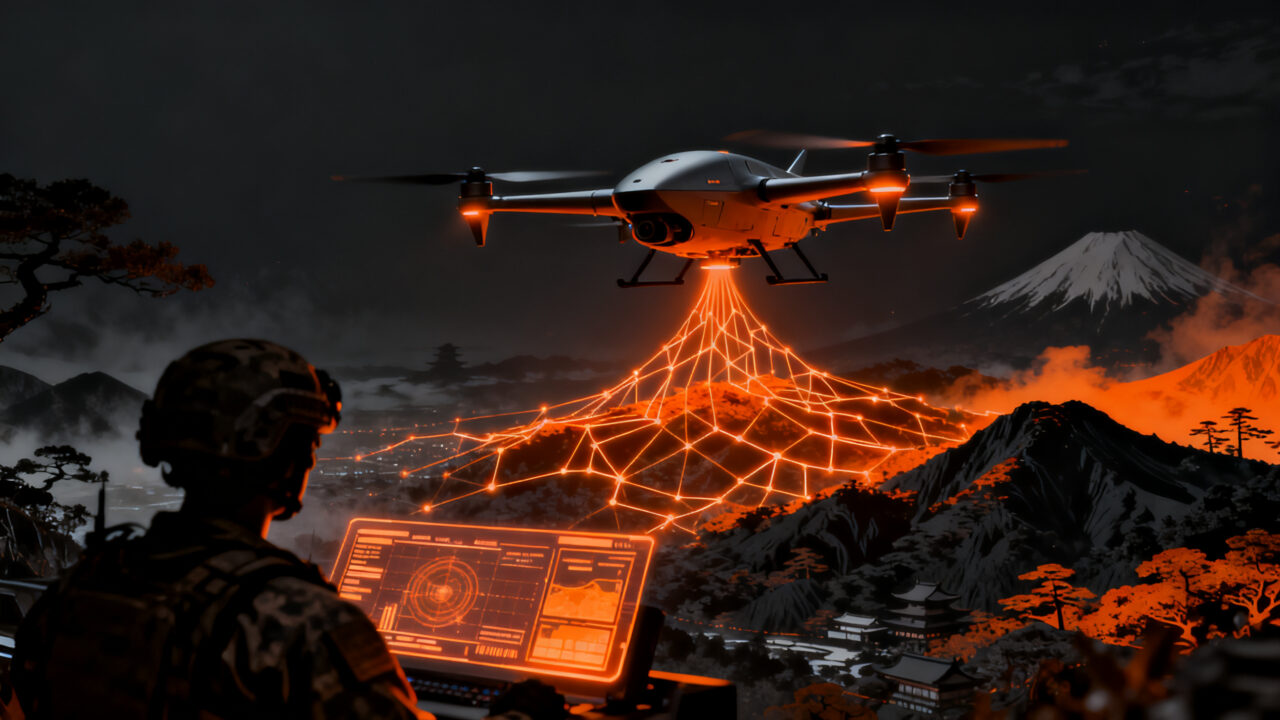 Dron militar con inteligencia artificial sobrevolando un paisaje técnico, representando la alianza entre Helsing y Rakuten en el sector defensa de Japón.