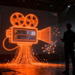 Producción cinematográfica con IA generativa, representando la disrupción tecnológica en Hollywood y el futuro del cine digital.