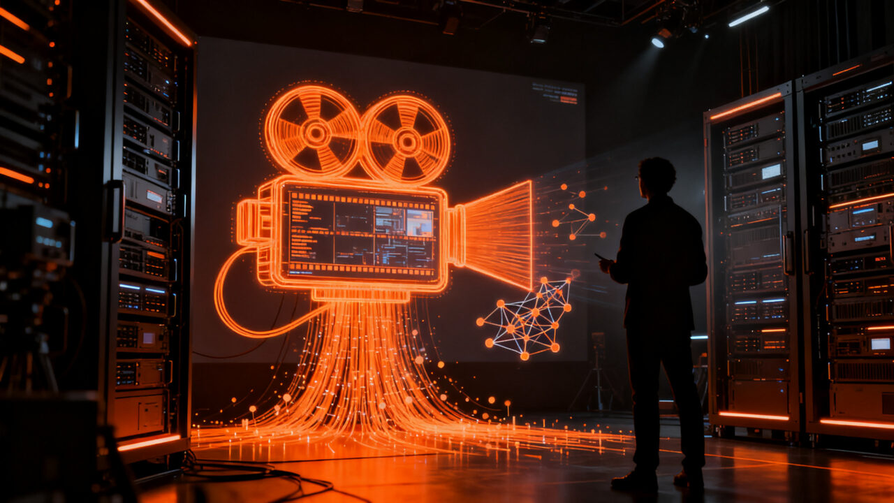 Producción cinematográfica con IA generativa, representando la disrupción tecnológica en Hollywood y el futuro del cine digital.