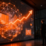 Fundador de startup de IA generativa de vídeo celebrando una ronda de financiación millonaria con gráficos de crecimiento exponencial.