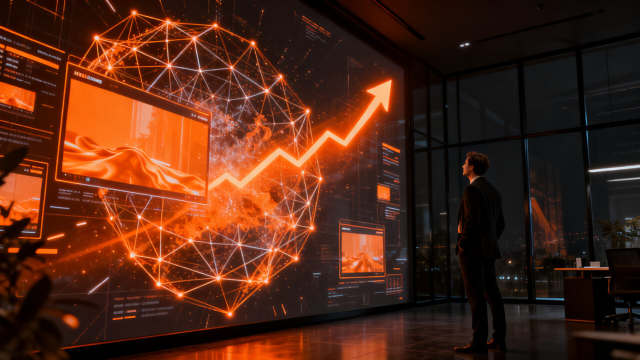 Fundador de startup de IA generativa de vídeo celebrando una ronda de financiación millonaria con gráficos de crecimiento exponencial.