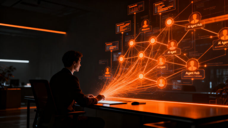 Equipo híbrido humano-IA colaborando en una interfaz de gestión de agentes en HubSpot, representando el futuro de la automatización CRM.