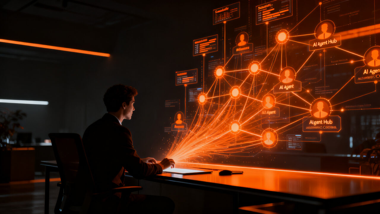 Equipo híbrido humano-IA colaborando en una interfaz de gestión de agentes en HubSpot, representando el futuro de la automatización CRM.