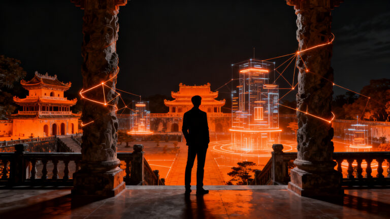 Ecosistema de startups en Hue Vietnam fusionando patrimonio cultural UNESCO con innovación tecnológica para el turismo.