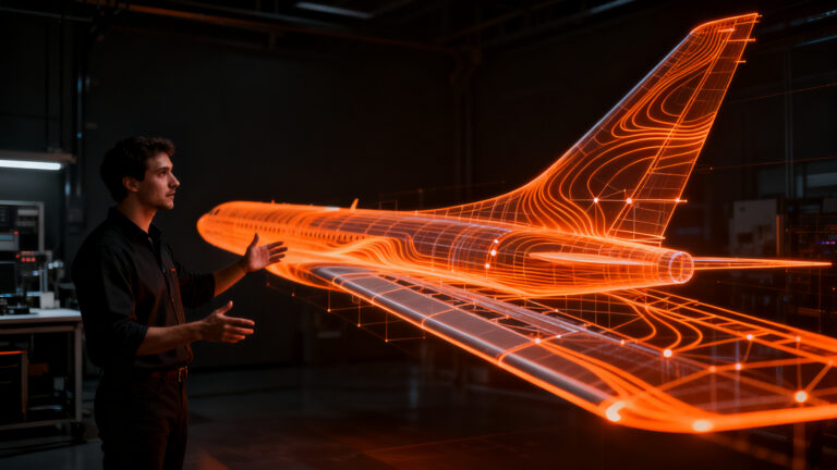 Investigador analizando simulación de dinámica de fluidos en ala de avión optimizada por IA para ahorro de combustible.