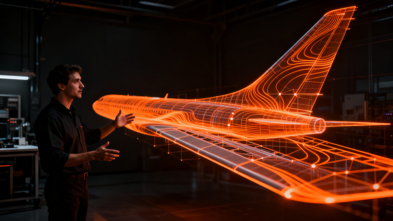 Investigador analizando simulación de dinámica de fluidos en ala de avión optimizada por IA para ahorro de combustible.