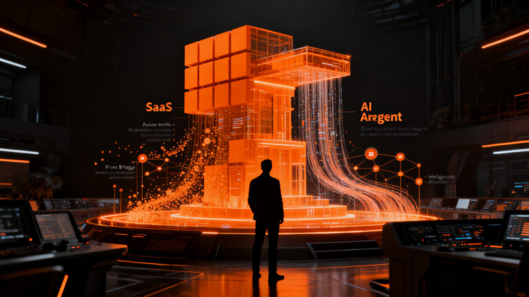 Transformación de modelos SaaS hacia IA agencial, mostrando la evolución de la estrategia de negocio y orquestación tecnológica.