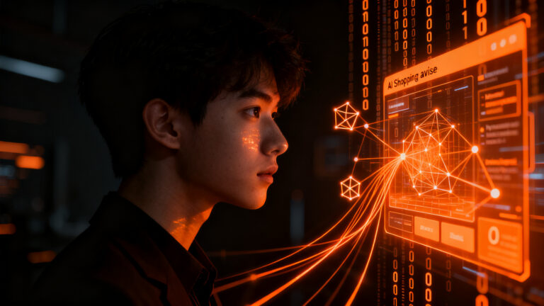 Joven de la Generación Z interactuando con una interfaz de IA generativa para decisiones de compra en e-commerce.