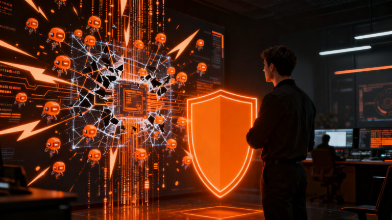 Representación conceptual de ciberseguridad ante IA autónoma, protegiendo ecosistemas startup frente a amenazas digitales.