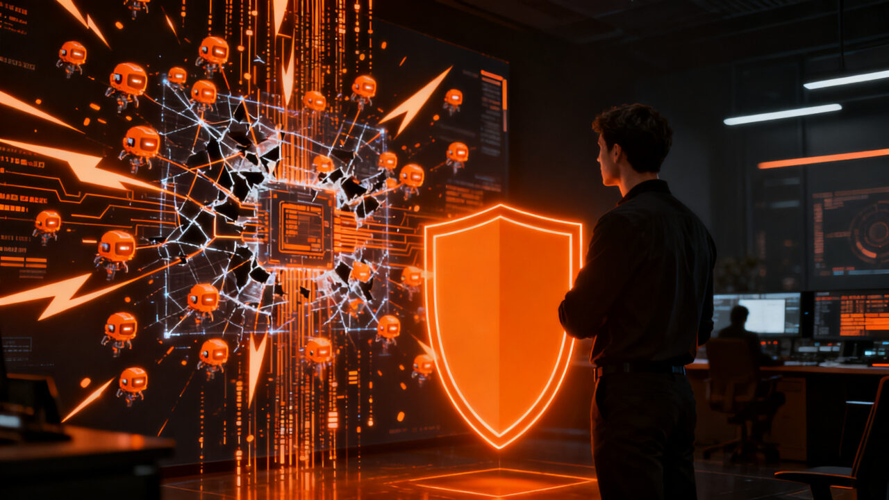 Representación conceptual de ciberseguridad ante IA autónoma, protegiendo ecosistemas startup frente a amenazas digitales.