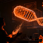 Investigador analizando estructuras de bacteriófagos generadas por inteligencia artificial para terapias biotecnológicas.