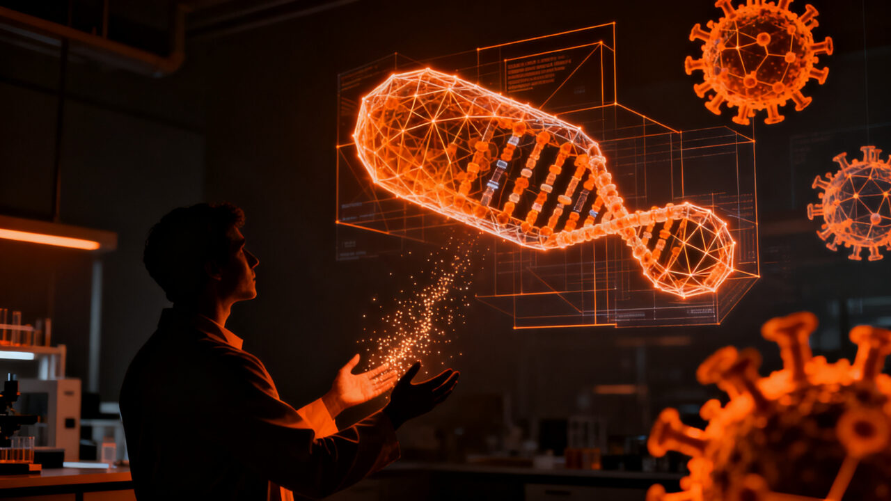 Investigador analizando estructuras de bacteriófagos generadas por inteligencia artificial para terapias biotecnológicas.