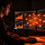 Profesional de marketing y tecnología fusionando habilidades con IA generativa en una oficina moderna y polivalente.