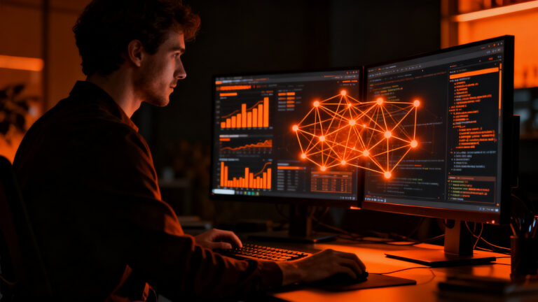 Profesional de marketing y tecnología fusionando habilidades con IA generativa en una oficina moderna y polivalente.