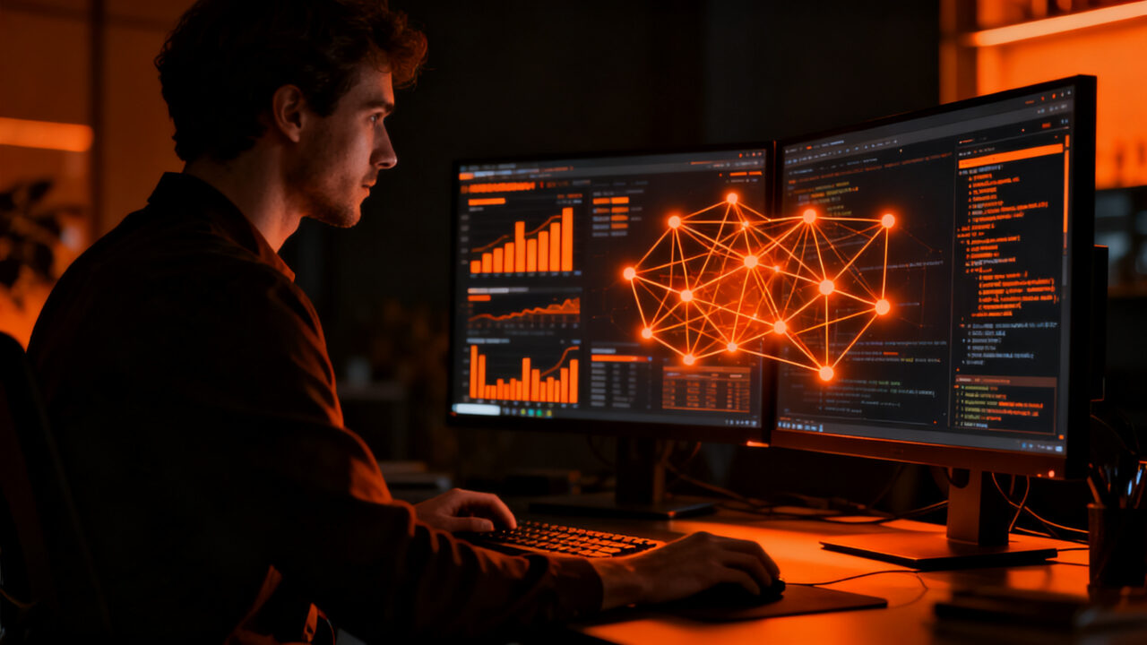 Profesional de marketing y tecnología fusionando habilidades con IA generativa en una oficina moderna y polivalente.