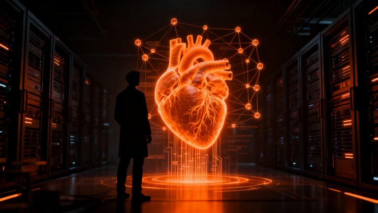 Investigadores trabajando en inteligencia artificial aplicada a cardiología en un entorno tecnológico de alto nivel.