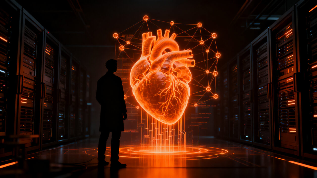 Investigadores trabajando en inteligencia artificial aplicada a cardiología en un entorno tecnológico de alto nivel.