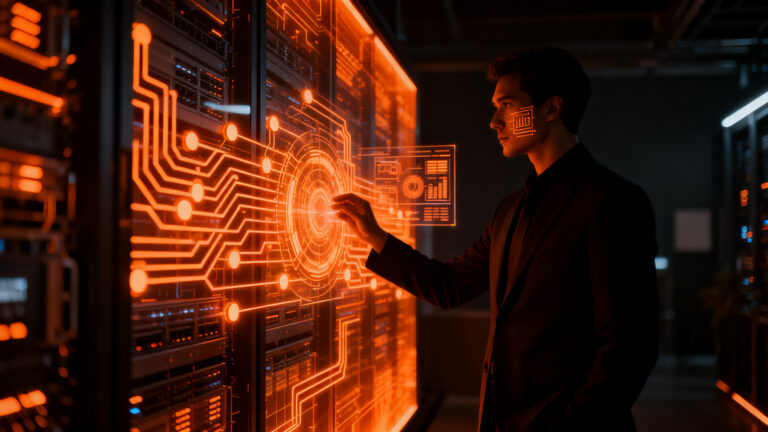 Ingeniero analizando un gemelo digital de un centro de datos de IA, destacando la eficiencia operativa y sostenibilidad.