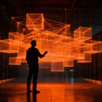 Emprendedor analizando infraestructura de centros de datos de IA con gemelos digitales para la eficiencia energética.