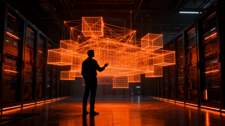 Emprendedor analizando infraestructura de centros de datos de IA con gemelos digitales para la eficiencia energética.