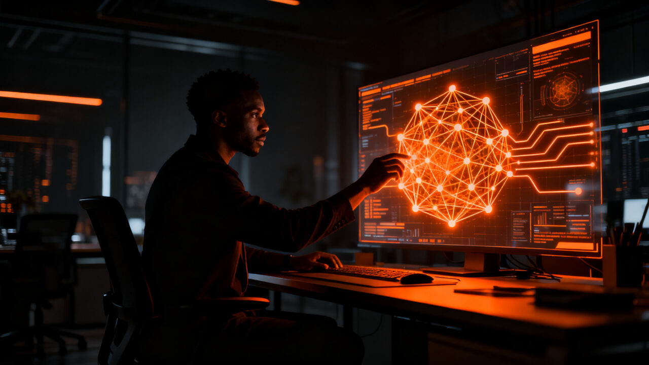 Emprendedor afroamericano interactuando con un cofundador técnico de inteligencia artificial, representando la inversión en startups diversas.