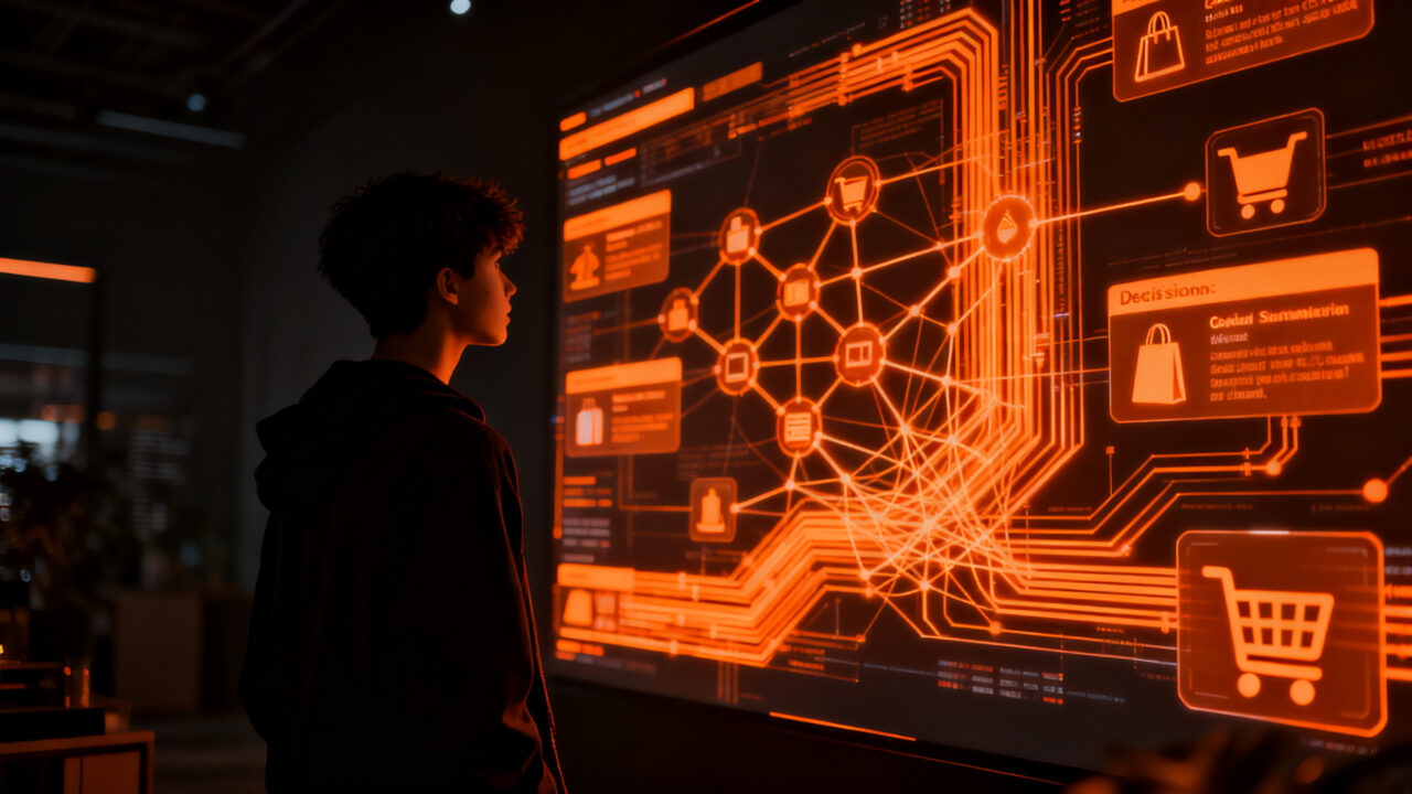 Consumidor joven utilizando IA para investigar y decidir compras, representando el cambio en el comportamiento del consumidor y la estrategia de marca 2026.
