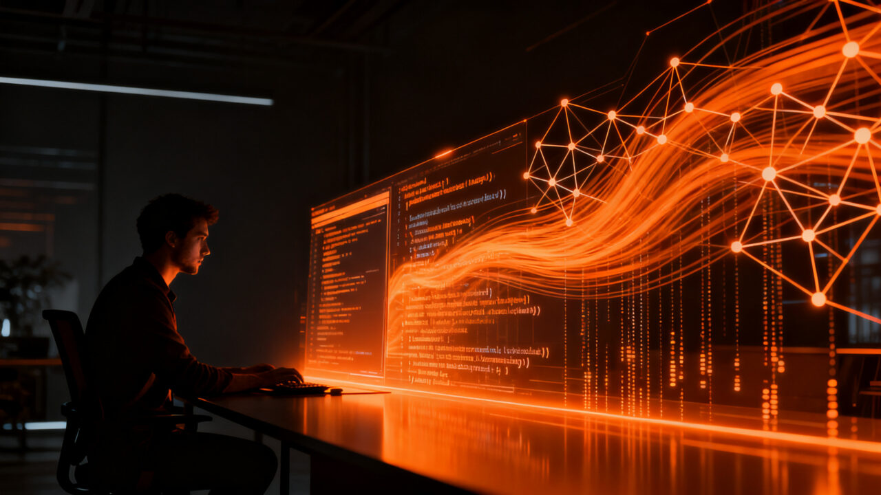 Desarrollador de software colaborando con una interfaz de IA generativa, representando la productividad y la calidad técnica en startups.