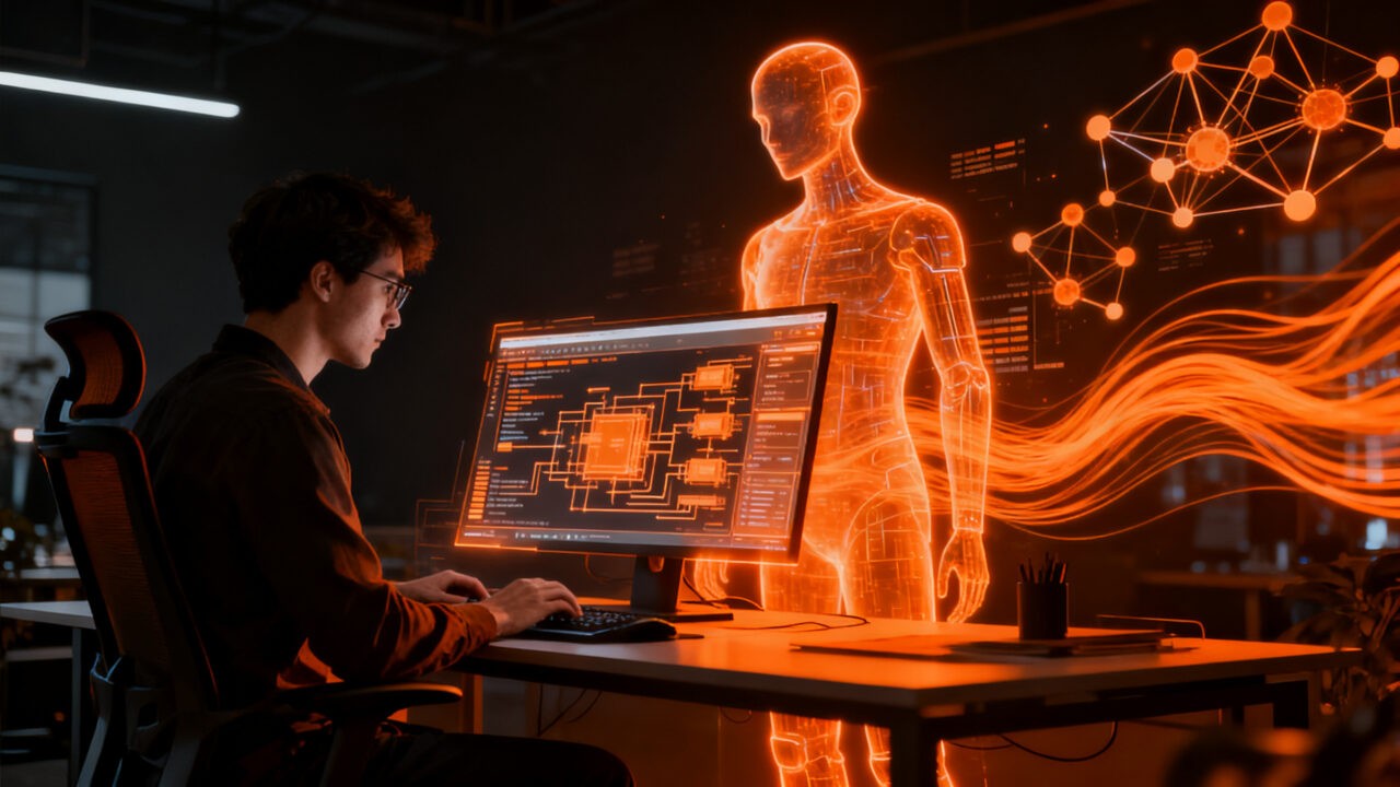 Desarrollador de software colaborando con un agente de IA futurista para optimizar el desarrollo de productos en 2026.