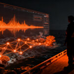 Investigador analizando datos de IA para detectar pesca ilegal con explosivos en arrecifes de coral.