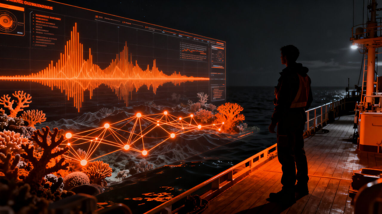 Investigador analizando datos de IA para detectar pesca ilegal con explosivos en arrecifes de coral.