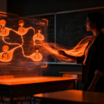 Experta en educación infantil utilizando herramientas de IA para personalización educativa en un entorno tecnológico futurista.