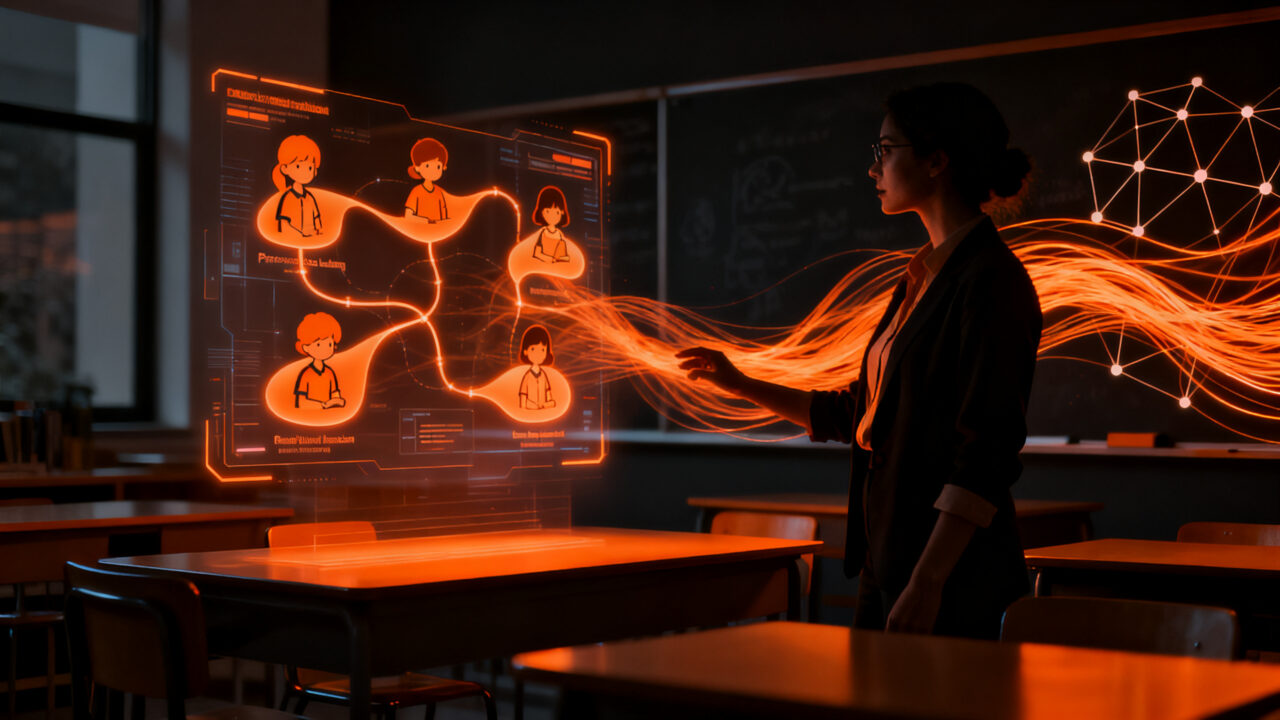 Experta en educación infantil utilizando herramientas de IA para personalización educativa en un entorno tecnológico futurista.
