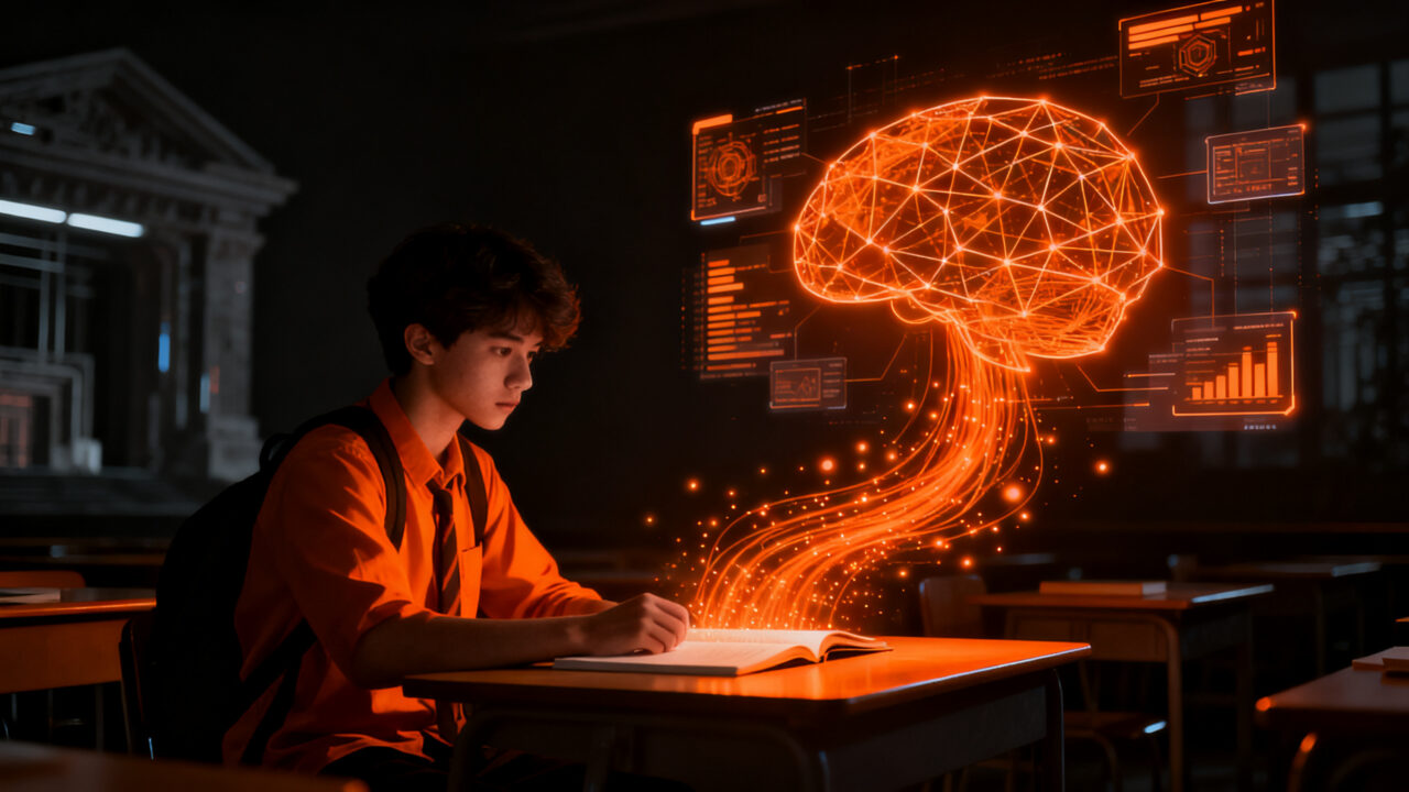 Estudiante utilizando inteligencia artificial para potenciar el rendimiento académico y el aprendizaje en un entorno educativo digital.