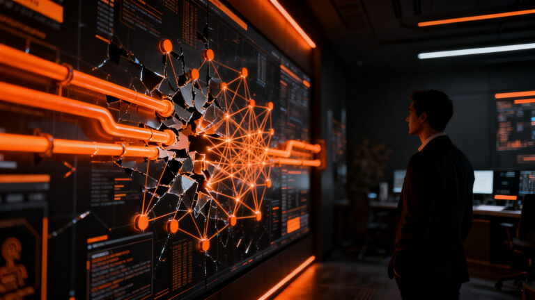 Estratega analizando datos fragmentados y agentes de IA en una oficina moderna, simbolizando el reto de la preparación de datos en empresas españolas.