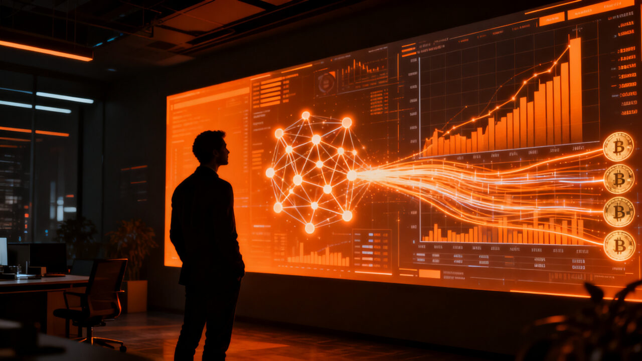 Empresario analizando datos financieros complejos mediante inteligencia artificial, representando la adopción de IA en finanzas corporativas.