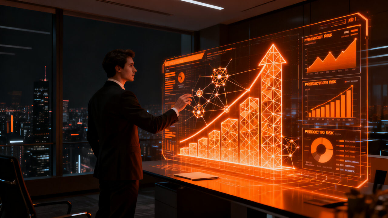 Ejecutivo financiero analizando proyecciones de inteligencia artificial para startups en 2026.